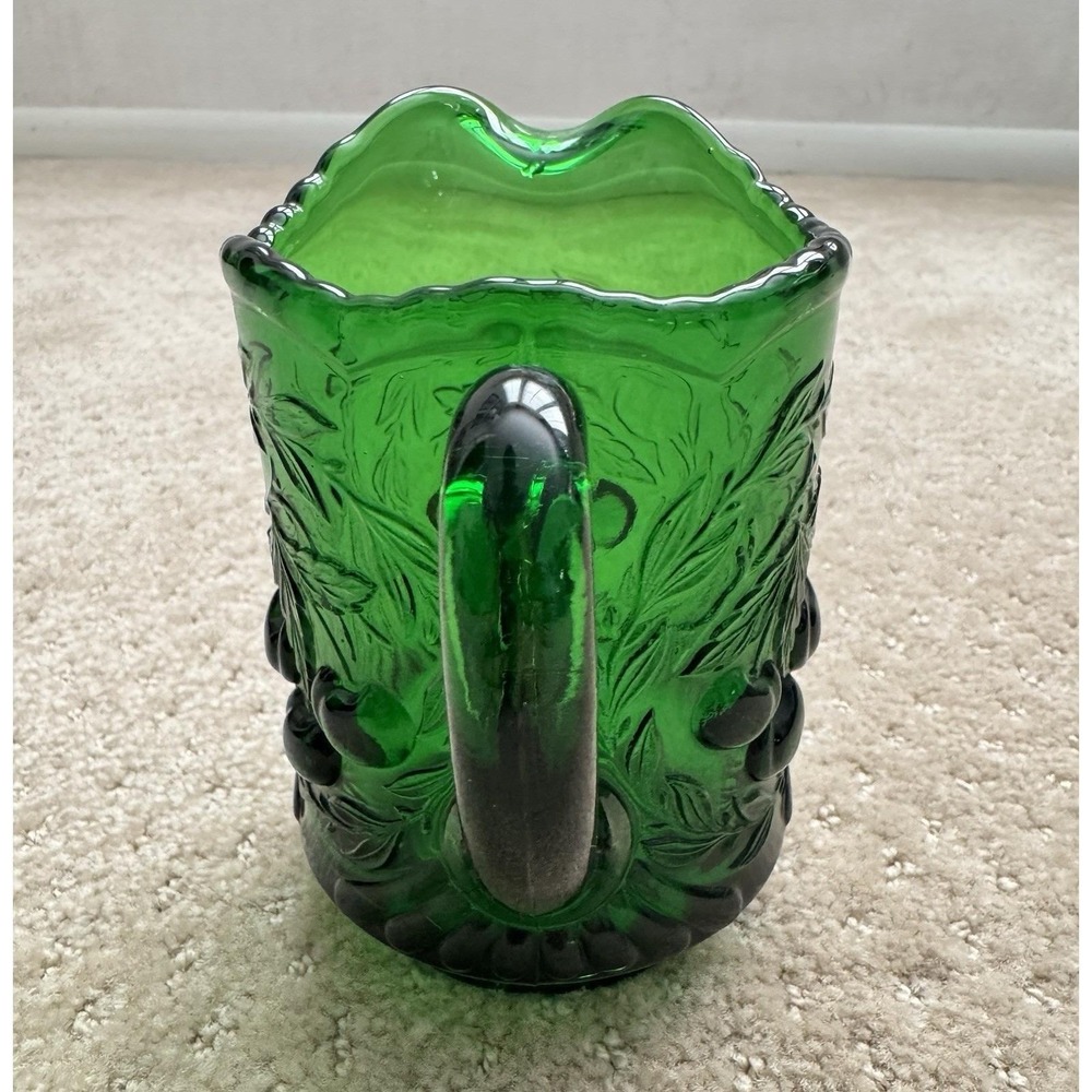 L.G. WRIGHT Opalescent Vaseline Uranium Glass Wreathed Cherry Creamer Pitcher - Picture 5 of 12
